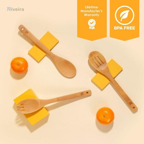 Riveira Bamboo Wooden Spoons for Cooking 6-Piece, Apartment Essentials Wood Spatula Spoon Nonstick Kitchen Utensil Set Premium Quality Housewarming Gifts for Everyday Use - Image 6