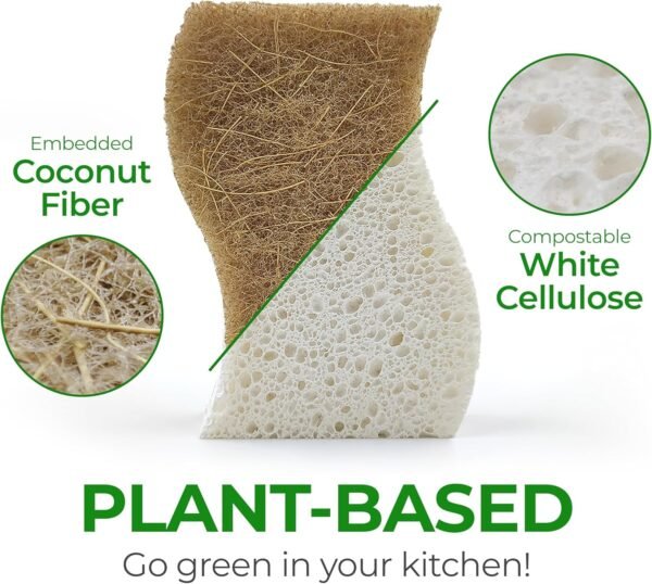 Natural Kitchen Sponge - Biodegradable Compostable Cellulose and Coconut Scrubber Sponge - Pack of 12 Eco Friendly Sponges for Dishes - Image 2