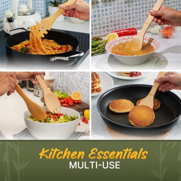 Bamboo Wooden Spoons for Cooking 7 PCs with Holder – Wooden Cooking Utensils + Holder for Nonstick – Wooden Utensil Set – Easy to Clean, Sturdy, Lightweight & Heat Resistant - Image 3