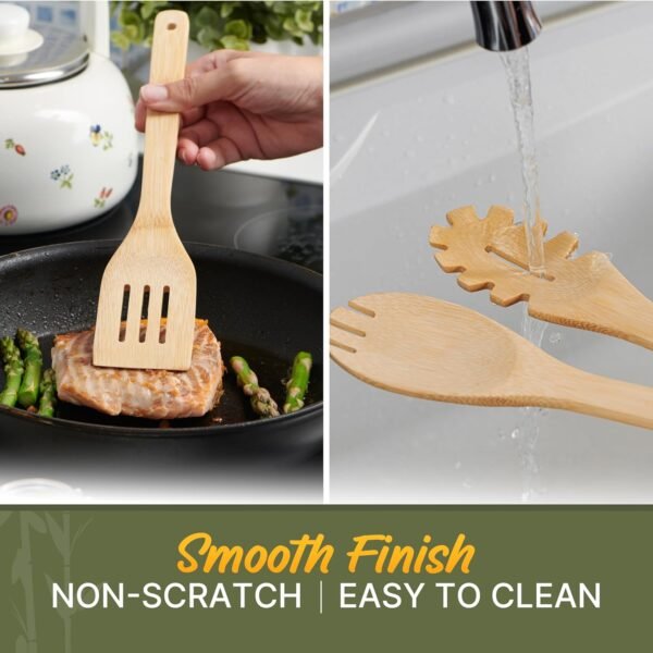 Bamboo Wooden Spoons for Cooking 7 PCs with Holder – Wooden Cooking Utensils + Holder for Nonstick – Wooden Utensil Set – Easy to Clean, Sturdy, Lightweight & Heat Resistant - Image 5