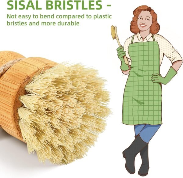 SUBEKYU Bamboo Dish Scrub Brush for Kitchen Sink, Natural Wooden Washing Dish Brush Scrubber, Sisal Bristles Brush for Household Cleaning Cast Iron Brush Pots, Pans and Vegetables - Image 2