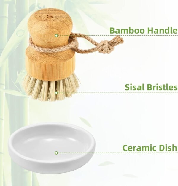 SUBEKYU Bamboo Dish Scrub Brush for Kitchen Sink, Natural Wooden Washing Dish Brush Scrubber, Sisal Bristles Brush for Household Cleaning Cast Iron Brush Pots, Pans and Vegetables - Image 5