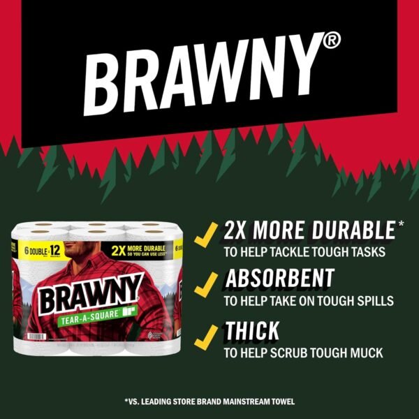 Brawny Tear-A-Square Paper Towels, 6 Double Rolls = 12 Regular Rolls, 3 Sheet Sizes (Quarter, Half, Full), Strength for All Messes, Cleanups, and Meal Prep - Image 2