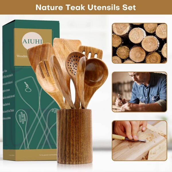 Natural Teak Wood Kitchen Utensils with Spatula and Ladle (10) - Image 3