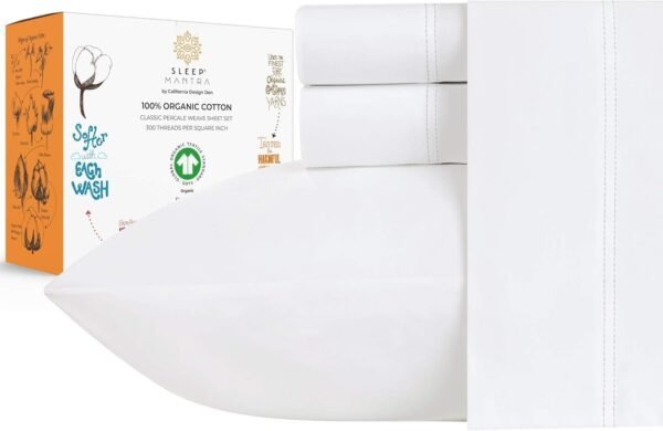 Sleep Mantra Premium 100% Organic Cotton Bed Sheet Set - Soft & Cooling Percale Weave - 4 Piece Bedding Set with Deep Pocket - GOTS Certified - Breathable & Eco-Friendly (Cal King, White)