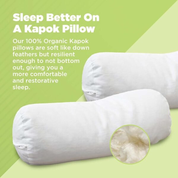 Bean Products Neck Roll Organic Kapok Pillow + Natural Org Case - 4" x 12" - Organic Cotton Zippered Shell - Made in USA - Image 2