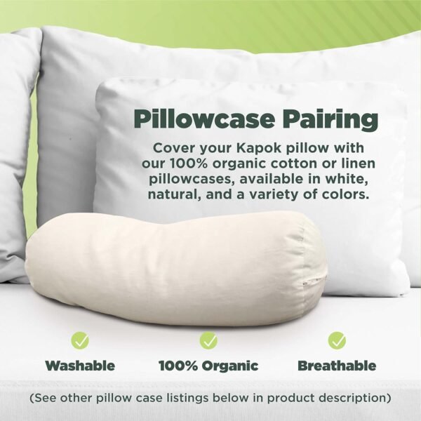 Bean Products Neck Roll Organic Kapok Pillow + Natural Org Case - 4" x 12" - Organic Cotton Zippered Shell - Made in USA - Image 5
