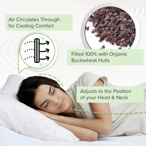 Buckwheat Pillow - Organic Standard Size (14x20) w Natural Cooling Technology- All Cotton Cover w Organic Buckwheat Hulls- Xmas Gift Comfortable Sleep, Naturally Adjusts to Head - Image 3