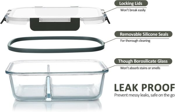 M MCIRCO 10-Pack,30 Oz Glass Meal Prep Containers 2 Compartments, Airtight Glass Lunch Bento Boxes with Lids, Glass Food Storage Containers, Microwave, Oven, Freezer and Dishwasher - Image 3