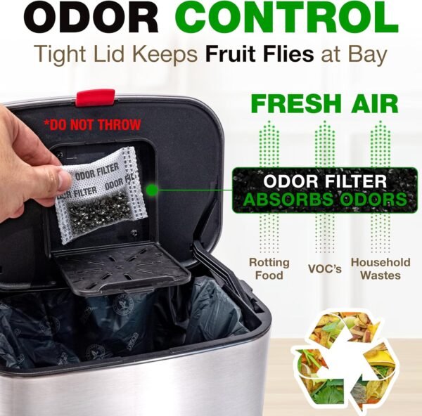 Eparé Compost Bin Kitchen Countertop - 1 Gal Odorless Stainless Steel Hanging Compost Bin - Small Indoor Food & Waste Counter Top Trash Bin - with Carbon Odor Filter - Image 2