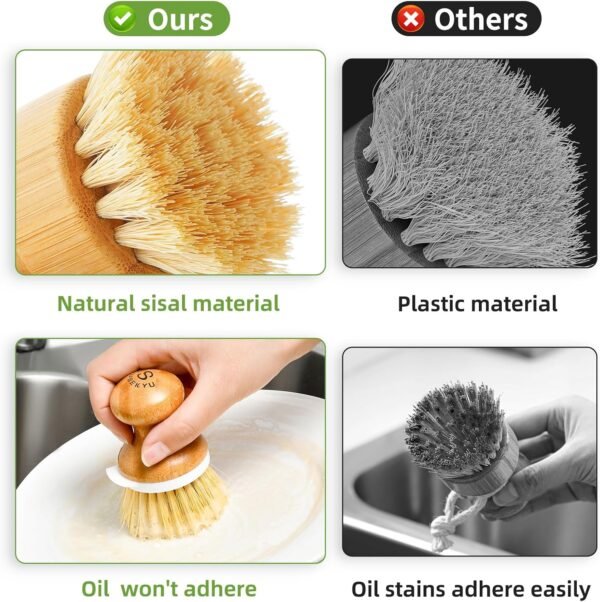 SUBEKYU Bamboo Dish Brush, Kitchen Dish Scrubber Brush with Soap Dispenser, Natural Wooden Dishwashing Brush for Cleaning Dishes/Pans/Pots, Built-in Scraper, Sisal Bristles,1 Set - Image 4