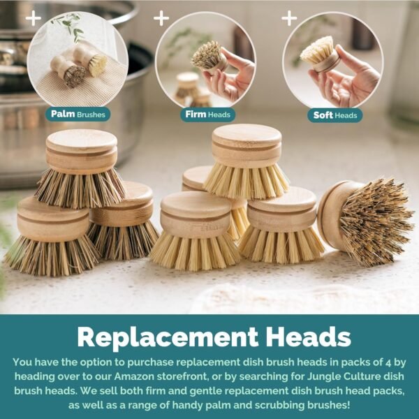 Jungle Culture 4 Piece Bamboo Dish Brush Set for Washing Up • Long Lasting Wooden Dish Brush with 3 Replacement Heads & Loofah Sponge Scourer • Eco Friendly Wooden Scrub Brush for Pots, Pans & Dishes - Image 7