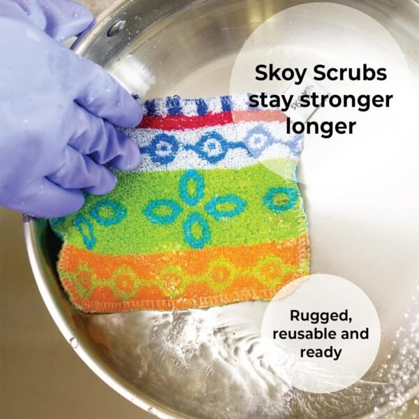 Skoy Scrub, 2-pack Reusable, Non-Scratching Dish Scrubber for Kitchen and Household Cleaning, Planet-Friendly, Dishwasher Safe Soft Scrub, Assorted Colors and Designs - Image 2