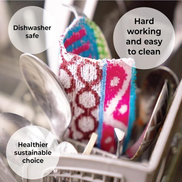 Skoy Scrub, 2-pack Reusable, Non-Scratching Dish Scrubber for Kitchen and Household Cleaning, Planet-Friendly, Dishwasher Safe Soft Scrub, Assorted Colors and Designs - Image 4