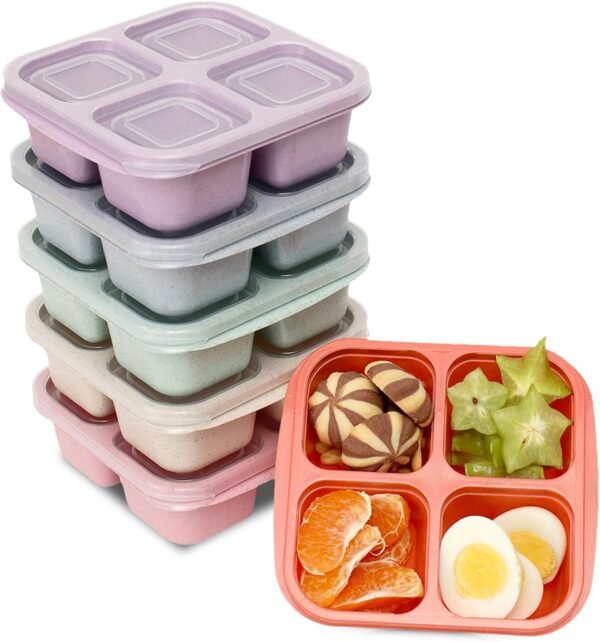 6 Pack Snack Containers, 4 Compartment Bento Snack Box Container, Reusable Meal Prep Lunch Containers for Kids Toddler Adults, Divided Food Containers for Travel Work School