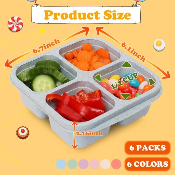 6 Pack Snack Containers, 4 Compartment Bento Snack Box Container, Reusable Meal Prep Lunch Containers for Kids Toddler Adults, Divided Food Containers for Travel Work School - Image 2