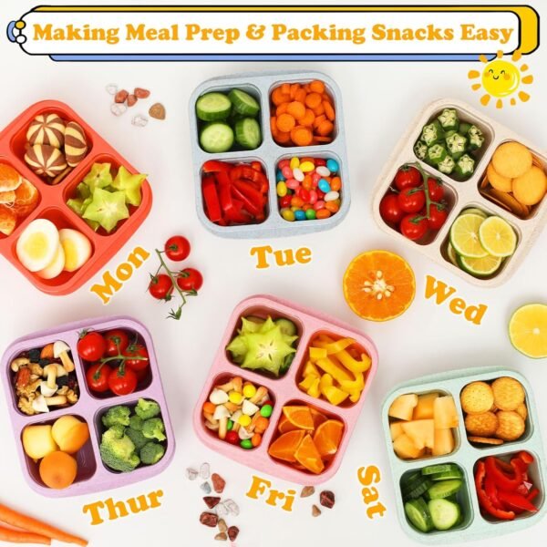 6 Pack Snack Containers, 4 Compartment Bento Snack Box Container, Reusable Meal Prep Lunch Containers for Kids Toddler Adults, Divided Food Containers for Travel Work School - Image 3