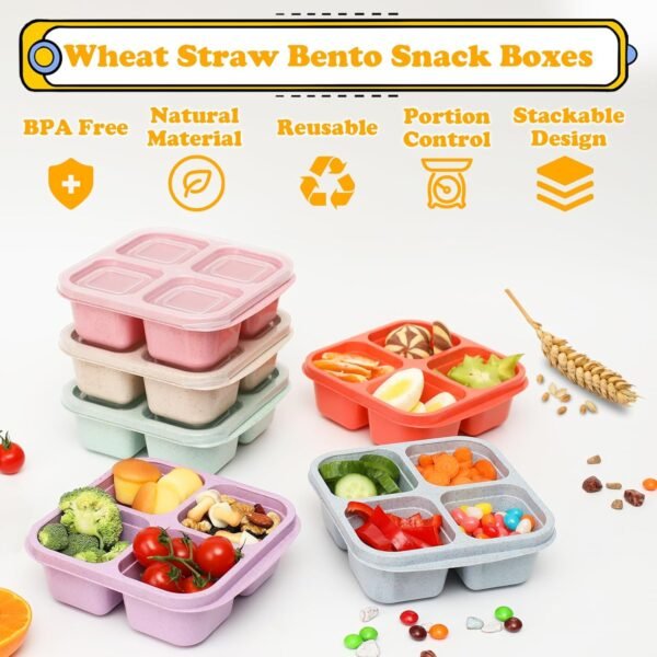 6 Pack Snack Containers, 4 Compartment Bento Snack Box Container, Reusable Meal Prep Lunch Containers for Kids Toddler Adults, Divided Food Containers for Travel Work School - Image 4
