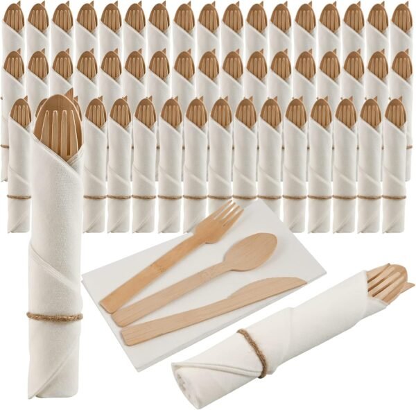 Pre rolled Bamboo Cutlery Set, 50pack Wrapped Bamboo Utensils/Disposable Silverware/Compostable Utensils (50 Forks, 50 Spoons, 50 Knives, 50 Napkins) Party supplies,Picnic, Wedding(50)