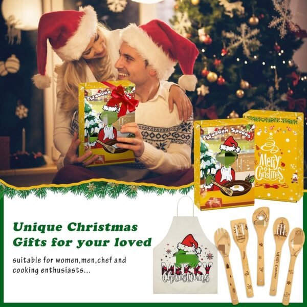 Christmas gifts for women men - Bamboo wooden spoons for cooking utensil set with apron - special gifts for chef mom dad mother father grandmother - Image 2