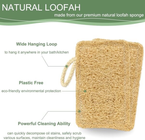 Natural Loofah Dish Sponge, Biodegradable Compostable Kitchen Loofah Scrub Sponge, Reusable Non Scratch Cleaning Sponge for Kitchen, Bathroom, Household, 3 Pcs (Rectangular) - Image 3