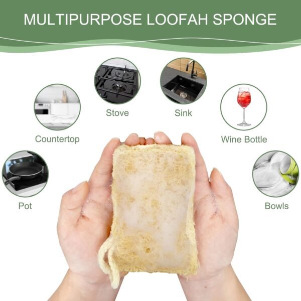 Natural Loofah Dish Sponge, Biodegradable Compostable Kitchen Loofah Scrub Sponge, Reusable Non Scratch Cleaning Sponge for Kitchen, Bathroom, Household, 3 Pcs (Rectangular) - Image 4