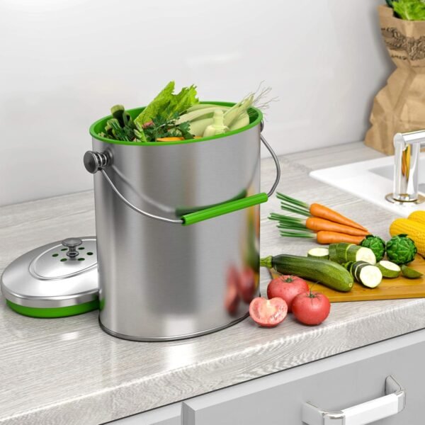 iTouchless Ecowise Stainless Steel Compost Bin Kitchen Countertop, 1.6 Gallon Trash Can Includes Odor Filter, Titanium Rust-Free Space-Efficient Slim Oval Shape 6 Liter Home, Office Business Breakroom - Image 3