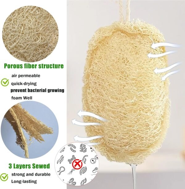 Natural Loofah Kitchen Sponge (3 Pcs) No Scratch Scrubber for Dishwashing, 100% Plant Fibers Vegetable Scrubber, Zero Waste and Eco Friendly Loofa, Square, Standard Size - Image 3