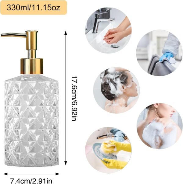 Clear Glass Soap Dispenser, 2 Pack / 11 Oz Liquid Hand Soap Dispenser Set for Kitchen Sink and Bathroom, Dish Soap Dispenser Set Jar Lotion Glass Soap Dispenser Bottles with Gold Plating Pump - Image 2