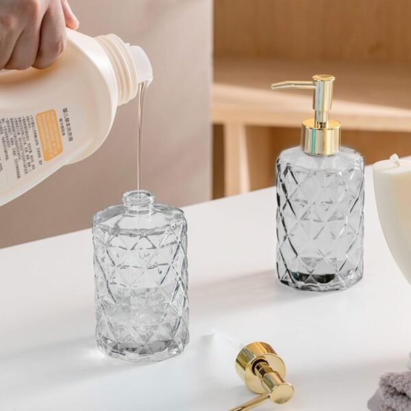 Clear Glass Soap Dispenser, 2 Pack / 11 Oz Liquid Hand Soap Dispenser Set for Kitchen Sink and Bathroom, Dish Soap Dispenser Set Jar Lotion Glass Soap Dispenser Bottles with Gold Plating Pump - Image 3