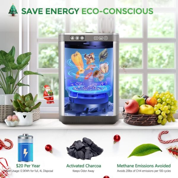 4L Electric Kitchen Composter, Composter Indoor with 2 Carbon Filters, Countertop Compost Bin Kitchen, Food Composter with Odorless/Ultra Quiet/Energy Efficient, Turn Waste into Natural Fertilizer - Image 4