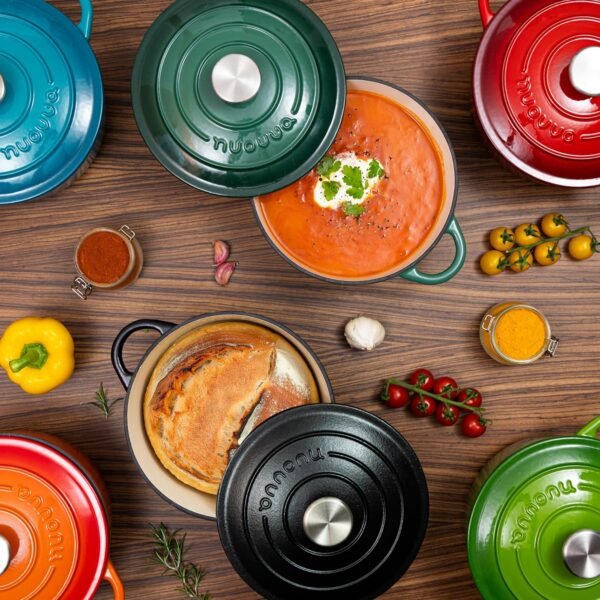 Shallow Cast Iron Casserole with Lid – Non Stick Dutch Oven Pot, Oven Safe up to 500° F – Sturdy Ovenproof Stockpot Cookware – Enamelled Cooking Pot – Teal, 5-Quart, 32cm – by Nuovva - Image 4