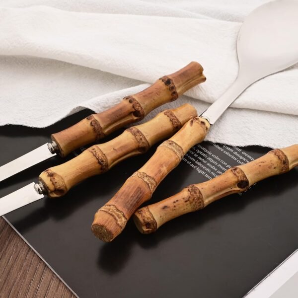 Natural Bamboo Handle Serving Spoons Set of 6, Large Size Stainless Steel Dinner Buffet Catering Banquet Serving Spoons, 10.0" Silver Big Ladle Tablespoons for Home, Family Serving Utensils - Image 5