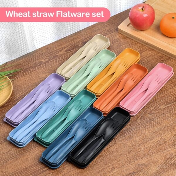 Reusable Travel Utensils Set with Case, 6 Sets Wheat Straw Portable Knife Fork Spoons Cutlery, Eco-Friendly BPA Free Plastic Tableware for Kids Adults Travel Picnic Camping Utensils - Image 6