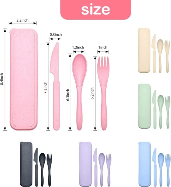 Reusable Travel Utensils Set with Case, 6 Sets Wheat Straw Portable Knife Fork Spoons Cutlery, Eco-Friendly BPA Free Plastic Tableware for Kids Adults Travel Picnic Camping Utensils - Image 7