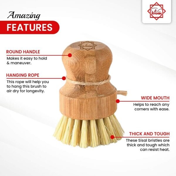 Dish Scrub Brush Bamboo - S&C Kitchen, Cleans Pan/Vegetable/Dishes/Wok, Bamboo Scrub Brush for Kitchen/Bathroom, Made Out of Palm & Sisal Bristles with a Handle, Vegetable Brush for Cleaning, Set of 2 - Image 3