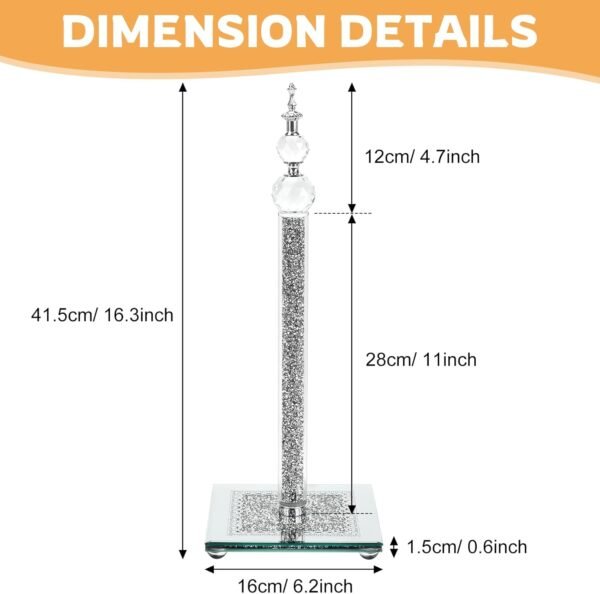 Silver Glass Paper Towel Holder,Crushed Diamond Standing Paper Towel Roll Holder,Kitchen Bathroom Countertop Crystal Paper Towel Holder with Cube Base - Image 2