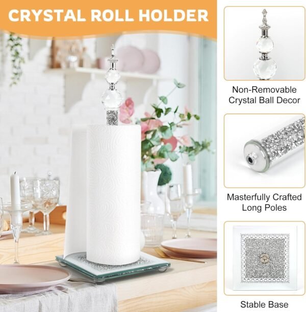 Silver Glass Paper Towel Holder,Crushed Diamond Standing Paper Towel Roll Holder,Kitchen Bathroom Countertop Crystal Paper Towel Holder with Cube Base - Image 3