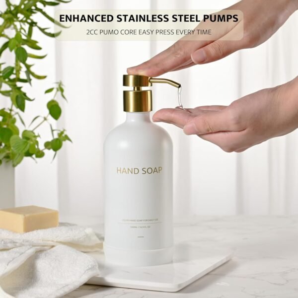 Glass Kitchen Soap Dispenser Set with Ceramic Tray,16.9 floz Hand and Dish Soap Dispenser for Kitchen and Bathroom Decor,White and Gold Kitchen Accessories (White Bottles + Gold Pumps) - Image 2