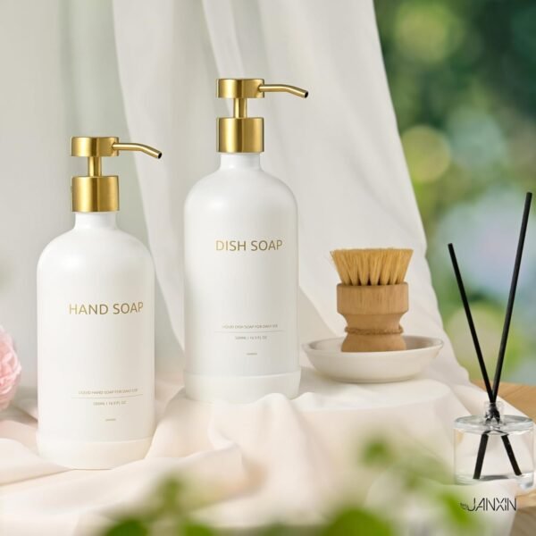 Glass Kitchen Soap Dispenser Set with Ceramic Tray,16.9 floz Hand and Dish Soap Dispenser for Kitchen and Bathroom Decor,White and Gold Kitchen Accessories (White Bottles + Gold Pumps) - Image 6