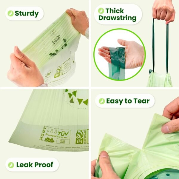 FMP Brands 100 Count 4 Gallon 100% Compostable Trash Bags with Drawstring, Extra Thick 0.8 Mil, Leak-Proof Small Kitchen Garbage Bag, Waste Basket Liners, ASTM D6400, US BPI, OK Compost Certified - Image 3