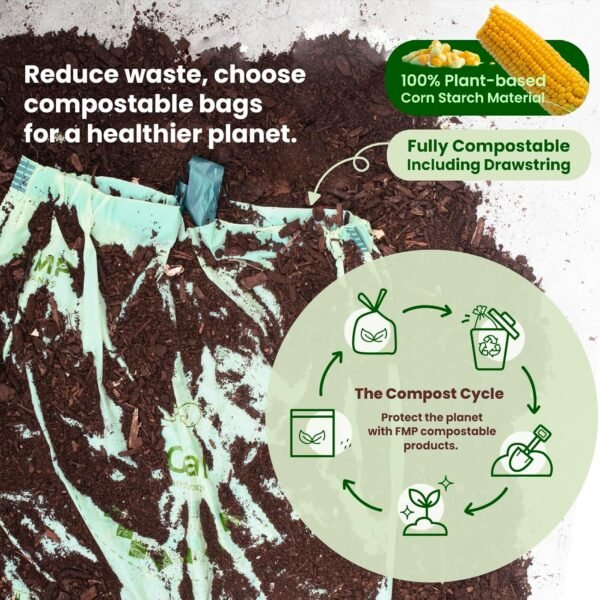 FMP Brands 100 Count 4 Gallon 100% Compostable Trash Bags with Drawstring, Extra Thick 0.8 Mil, Leak-Proof Small Kitchen Garbage Bag, Waste Basket Liners, ASTM D6400, US BPI, OK Compost Certified - Image 4