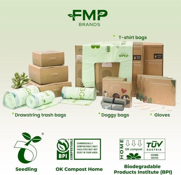 FMP Brands 100 Count 4 Gallon 100% Compostable Trash Bags with Drawstring, Extra Thick 0.8 Mil, Leak-Proof Small Kitchen Garbage Bag, Waste Basket Liners, ASTM D6400, US BPI, OK Compost Certified - Image 7