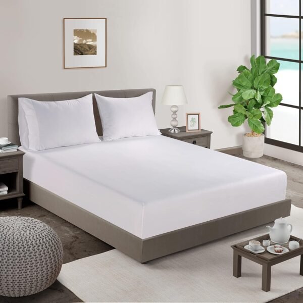 Lane Linen Fitted Sheet King Size, 100% Organic Cotton, 3-Piece Set (1 Fitted Sheet,2 Pillowcases), Percale Weave, Ultra Soft, Breathable,Fits Mattress Upto 15" Deep - White (No Flat Sheet) - Image 2