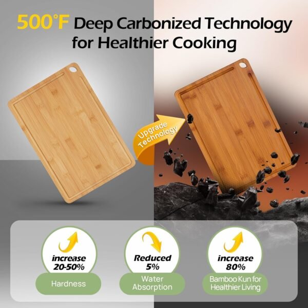 Bamboo Cutting Board, Durable Wood Cutting Boards for Kitchen with Deep Juice Grooves & Built-in Handles (L+M) - Image 2