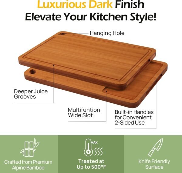 Large Bamboo Cutting Board for Kitchen - 15 Inch Wood L Cutting Boards with Juice Groove and Handles, Wooden Chopping Board for Meat, Cheese, Fruit & Vegetables (Pre Oiled, Brown) - Image 3