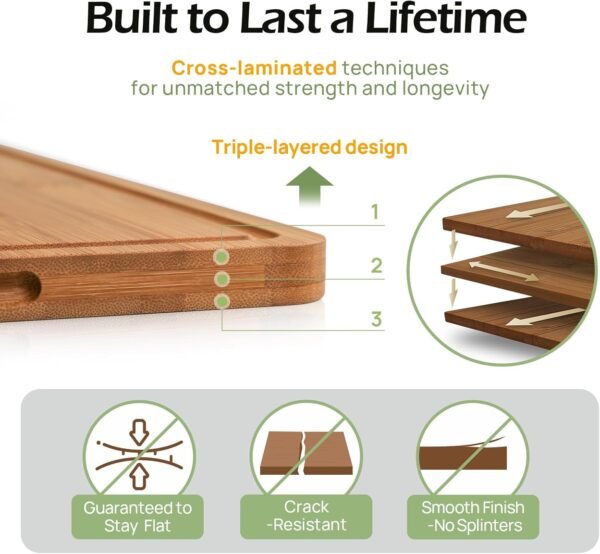 Large Bamboo Cutting Board for Kitchen - 15 Inch Wood L Cutting Boards with Juice Groove and Handles, Wooden Chopping Board for Meat, Cheese, Fruit & Vegetables (Pre Oiled, Brown) - Image 4