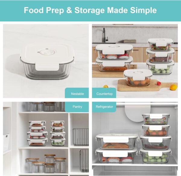 Vacuum Seal Glass Food Storage Containers with Sous Vide Bags, Meal Prep Container with Airtight Locking Lids for Lunch, BPA Free, Leak Proof, Long-Lasting Freshness-Rectangle/Square set - Image 7