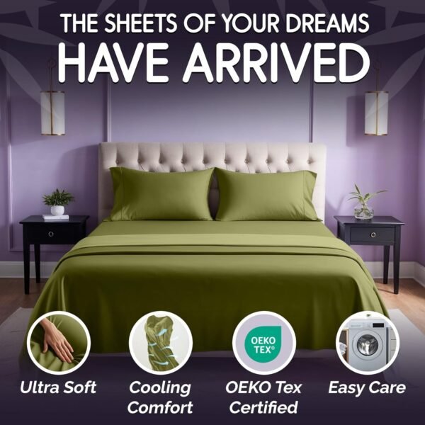SLEEP SANCTUARY 100% Organic Viscose Derived from Bamboo Sheets King Size 6pcs - Ultra Soft & Cooling, 17" Deep Pocket, Double Stitching, Perfect for Hot Sleepers - King Bed Sheets (Light Olive) - Image 2