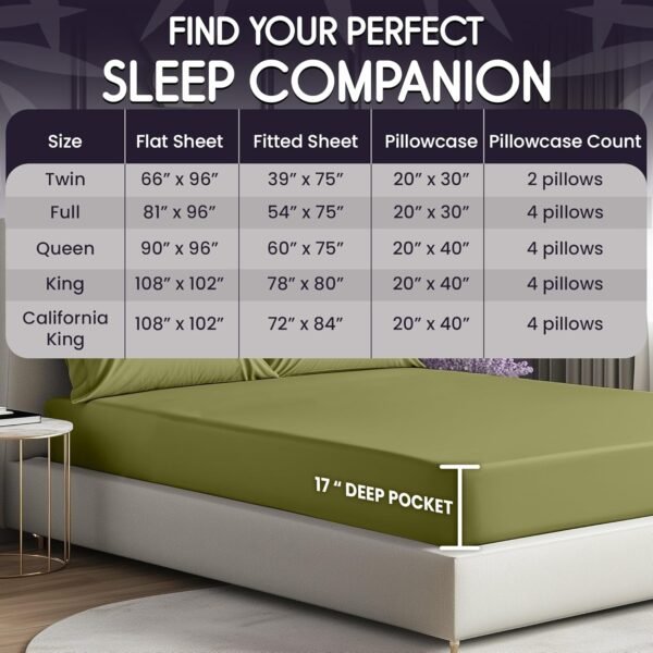 SLEEP SANCTUARY 100% Organic Viscose Derived from Bamboo Sheets King Size 6pcs - Ultra Soft & Cooling, 17" Deep Pocket, Double Stitching, Perfect for Hot Sleepers - King Bed Sheets (Light Olive) - Image 5